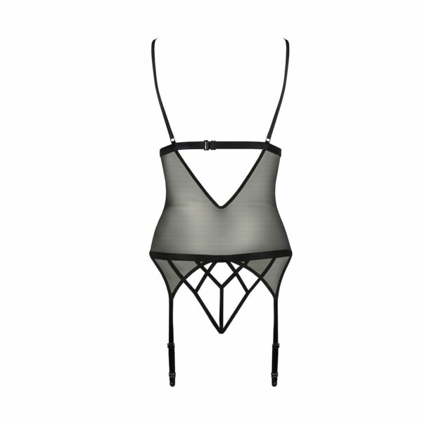 Корсет з відкритими грудьми Passion DIABOLINA CORSET L/XL, black, пажі, трусики, напівпрозорий - Зображення 4