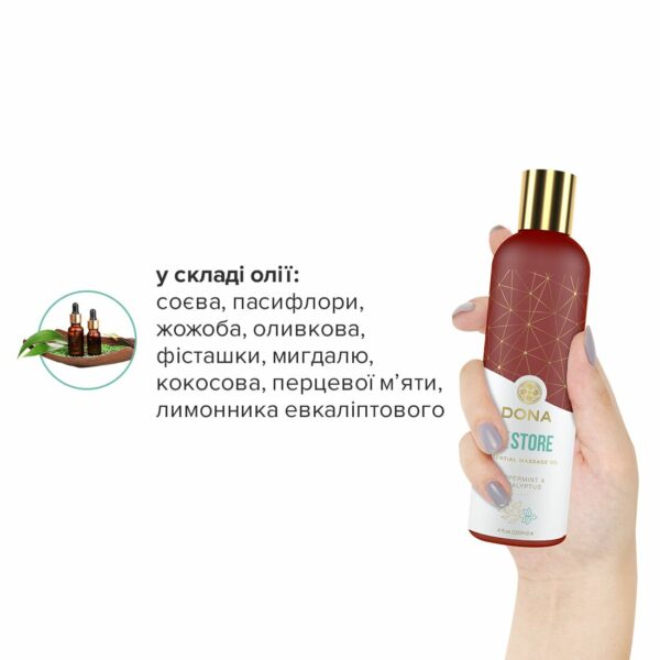 Натуральна масажна олія DONA Restore – Peppermint & Eucalyptus (120 мл) з ефірними оліями - Зображення 4