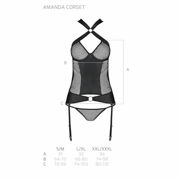 Сітчастий комплект корсет з халтером, зйомні підв'язки та трусики Passion AMANDA CORSET L/XL, black - Зображення 7