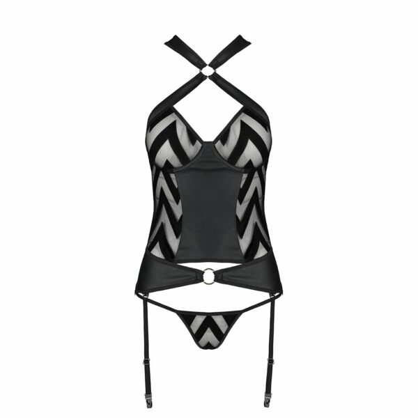 Сітчастий комплект з візерунком Passion HIMA CORSET L/XL black корсет з халтером, підв'язки, трусики - Зображення 5