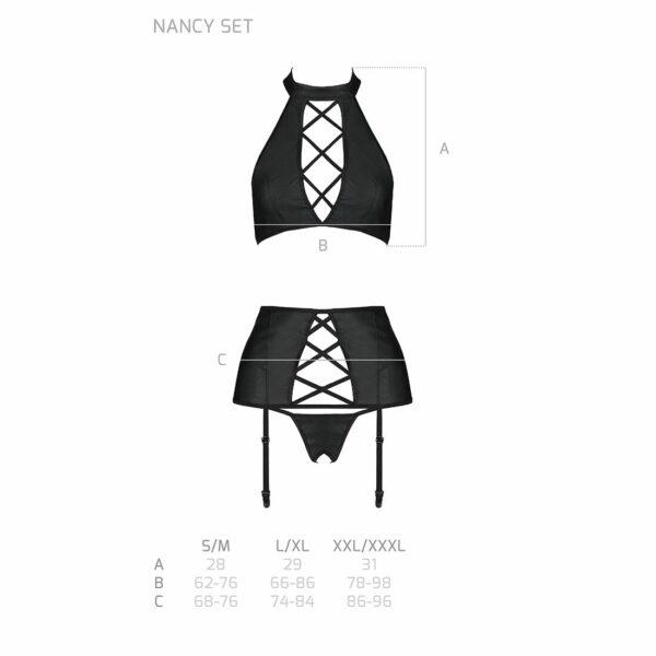 Комплект з еко-шкіри з імітацією шнурівки Passion NANCY SET L/XL black топ, трусики, пояс для панчіх - Зображення 5