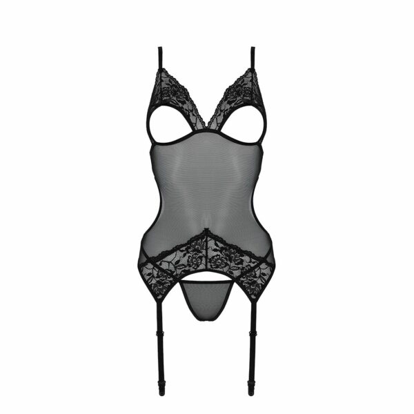 Корсет із підв’язками та ажурним ліфом Passion CHRISTA CORSET S/M, black, стрінги в комплекті - Зображення 5