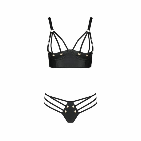 Комплект з екошкіри з люверсами та ремінцями Passion MALWIA BIKINI S/M, black, бра та трусики - Зображення 3