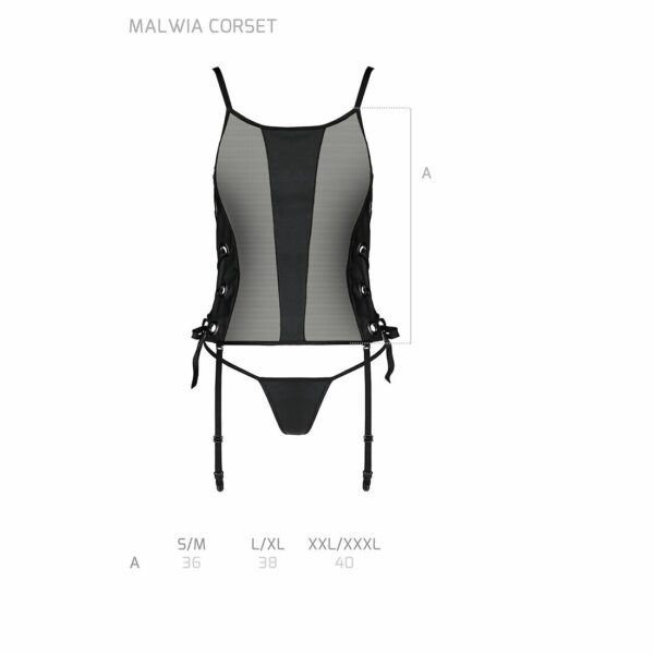 Сітчастий корсет з люверсами та знімними пажами Passion MALWIA CORSET L/XL black, екошкіра, стрінги - Зображення 7