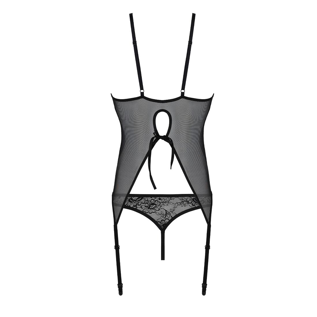 Корсет із пажами, трусики з ажурним декором та відкритим кроком Passion URSULA CORSET S/M, black - Зображення 5