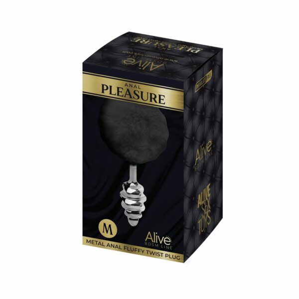 Металева анальна пробка Кролячий хвостик Alive Fluffy Twist Plug M Black, діаметр 3,4 см - Зображення 3