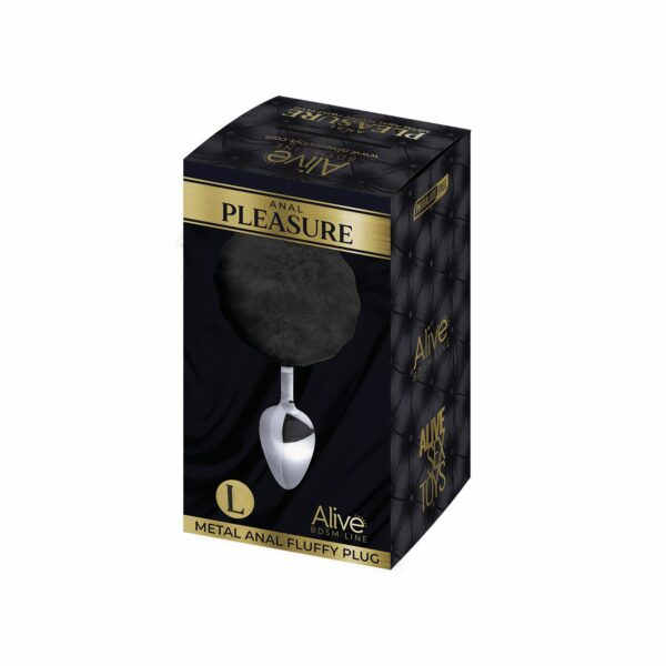 Металева анальна пробка Кролячий хвостик Alive Fluffy Plug L Black, діаметр 3,9 см - Зображення 2