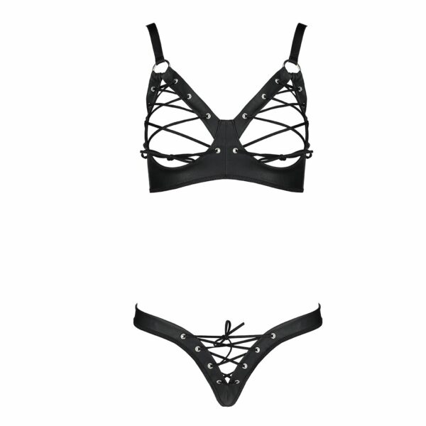 Комплект з екошкіри Passion CELINE BIKINI L/XL black, відкритий бра зі стрічками, стрінги - Зображення 3