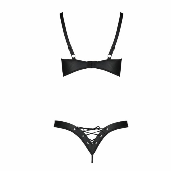 Комплект з екошкіри Passion CELINE BIKINI L/XL black, відкритий бра зі стрічками, стрінги - Зображення 4