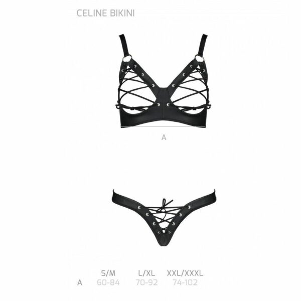 Комплект з екошкіри Passion CELINE BIKINI L/XL black, відкритий бра зі стрічками, стрінги - Зображення 5