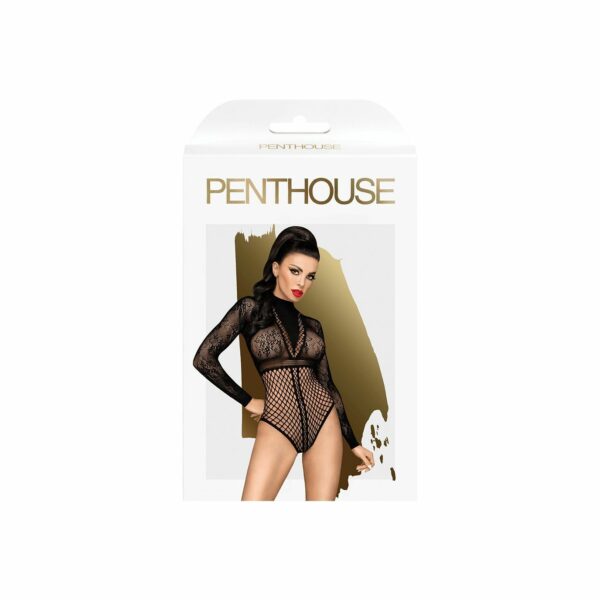 Боді Penthouse Spicy Whisper XL Black, імітація топу з довгими рукавами, закрите декольте - Зображення 3