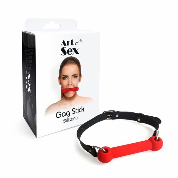 Кляп-палиця на ременях Art of Sex – Gag Stick Silicon, червоний, натуральна шкіра - Зображення 4