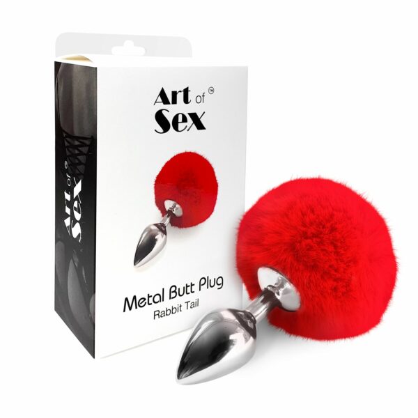 Металевий анальний затор М Art of Sex - Metal Butt plug Rabbit Tail, Червоний - Зображення 3