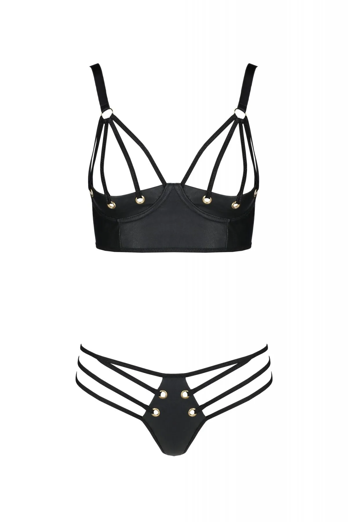 Комплект з екошкіри Passion MALWIA BIKINI 4XL/5XL black, з люверсами та ремінцями, бра, трусики - Зображення 3