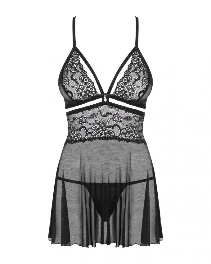 Еротичний мереживний комплект із сіточкою Obsessive 838-BAB-1 babydoll & thong black L/XL, чорний, п - Зображення 6