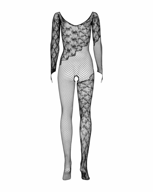 Бодістокінг Obsessive Bodystocking F210 S/M/L black, рукава-мітенки, сітка, кольорове мереживо