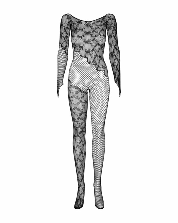 Бодістокінг Obsessive Bodystocking F210 S/M/L black, рукава-мітенки, сітка, кольорове мереживо - Зображення 6