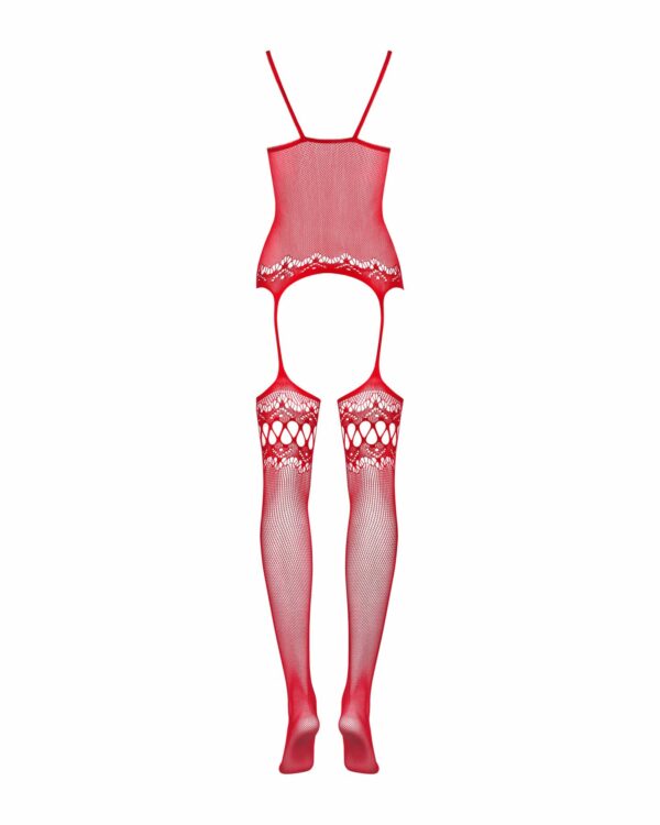 Бодістокінг Obsessive Bodystocking F214 red S/M/L, імітація корсета та панчіх на підв’язках - Зображення 6