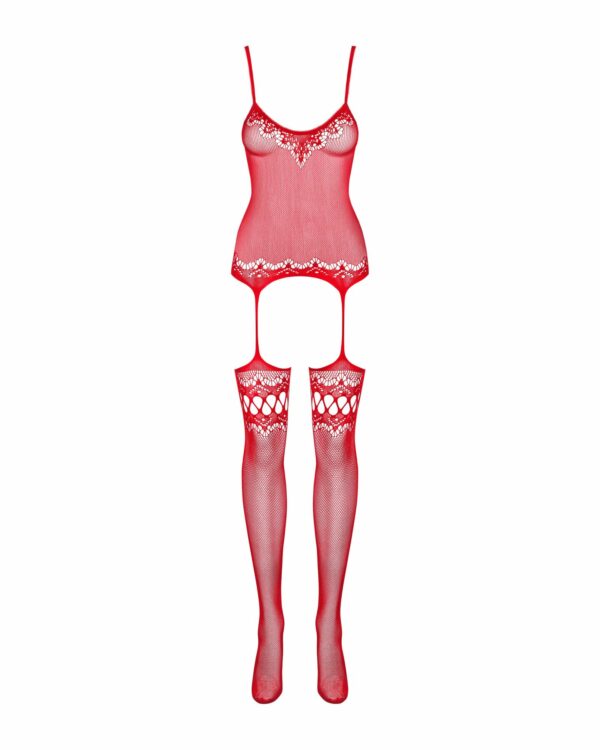Бодістокінг Obsessive Bodystocking F214 red S/M/L, імітація корсета та панчіх на підв’язках - Зображення 5