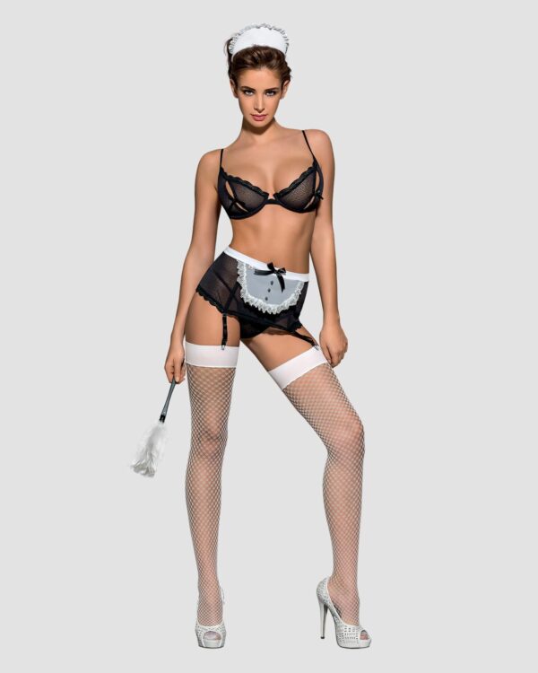 Еротичний костюм покоївки Obsessive Maidme set 5pcs L/XL, бюстгальтер, пояс з фартухом, панчохи, стр - Зображення 3