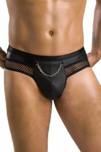 Чоловічі труси з ланцюжком Passion 030 SLIP TOM S/M Black, екошкіра, відкриті сідниці