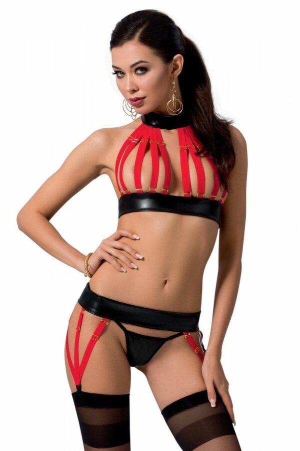Комплект жіночої білизни з ремінців Passion AZIZA S/M, red, бюстгальтер, пояс, стринги