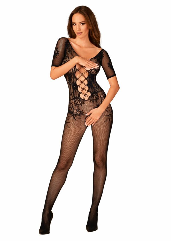 Сітчастий бодістокінг з квітковим малюнком Obsessive Bodystocking F238 S/M/L, black, з доступом, імі - Зображення 5