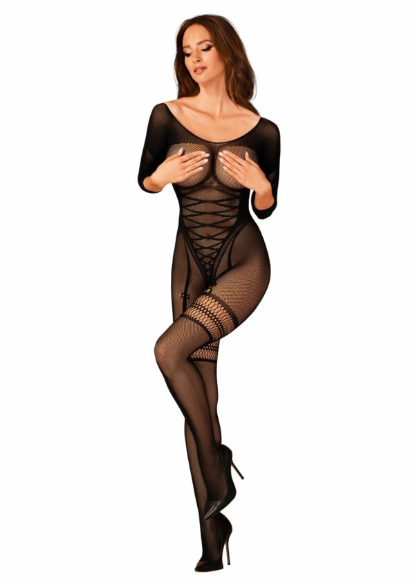 Сітчастий бодістокінг з імітацією підв’язок Obsessive Bodystocking G329 S/M/L, black, з доступом - Зображення 5