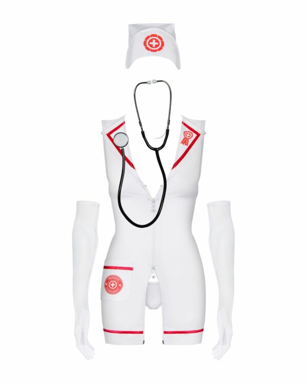 Еротичний костюм медсестри Obsessive Emergency dress S/M, white, сукня, стринги, рукавички, чепчик, - Зображення 2