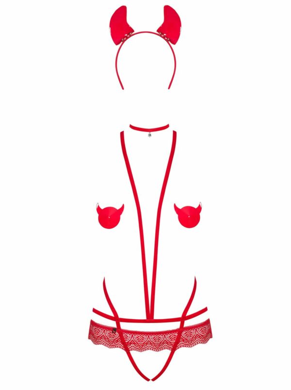Еротичний костюм чортика зі стреп Obsessive Evilia teddy red L/XL, боді, чокер, накладки на соски, о - Зображення 3