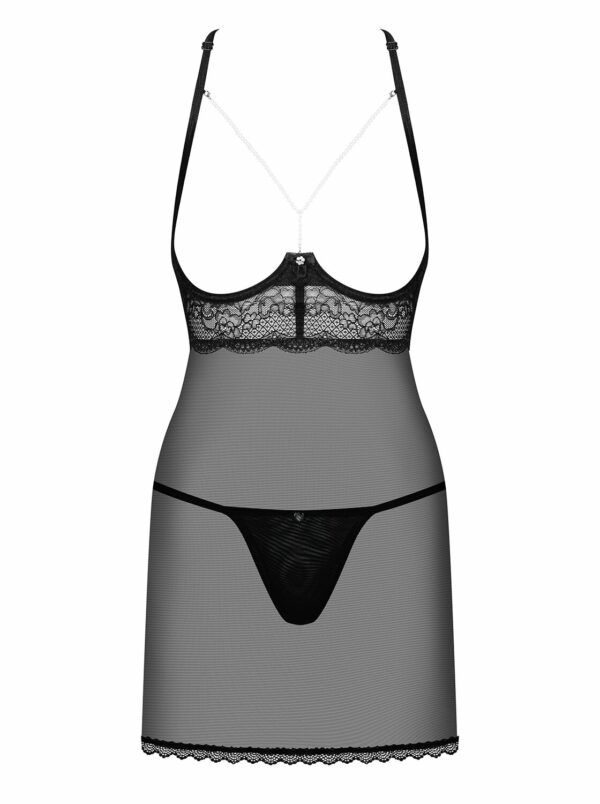 Прозора сорочка з відкритими грудьми Obsessive Pearlove chemise & thong black S/M, трусики - Зображення 3