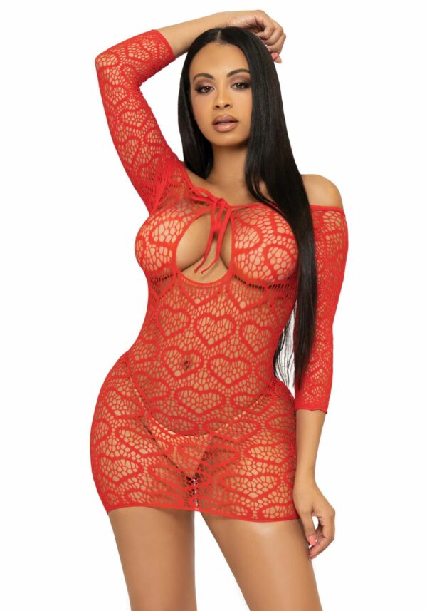 Сукня-сітка з сердечками Leg Avenue Heart net mini dress Red, зав’язки, відкриті плечі, one size - Зображення 3