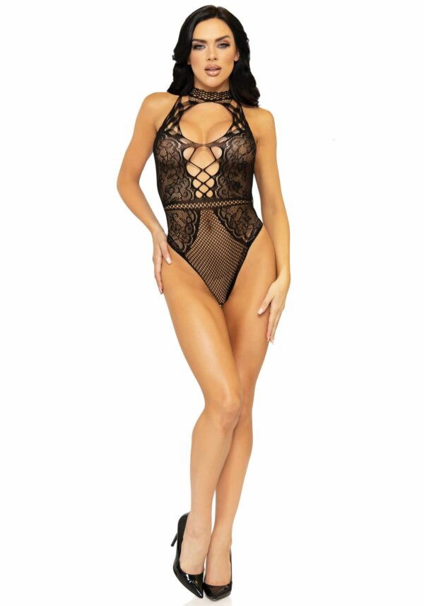 Leg Avenue Net and lace halter bodysuit OS Black - Зображення 8