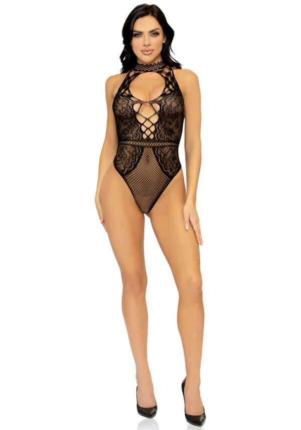 Leg Avenue Net and lace halter bodysuit OS Black - Зображення 6