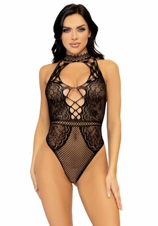 Leg Avenue Net and lace halter bodysuit OS Black