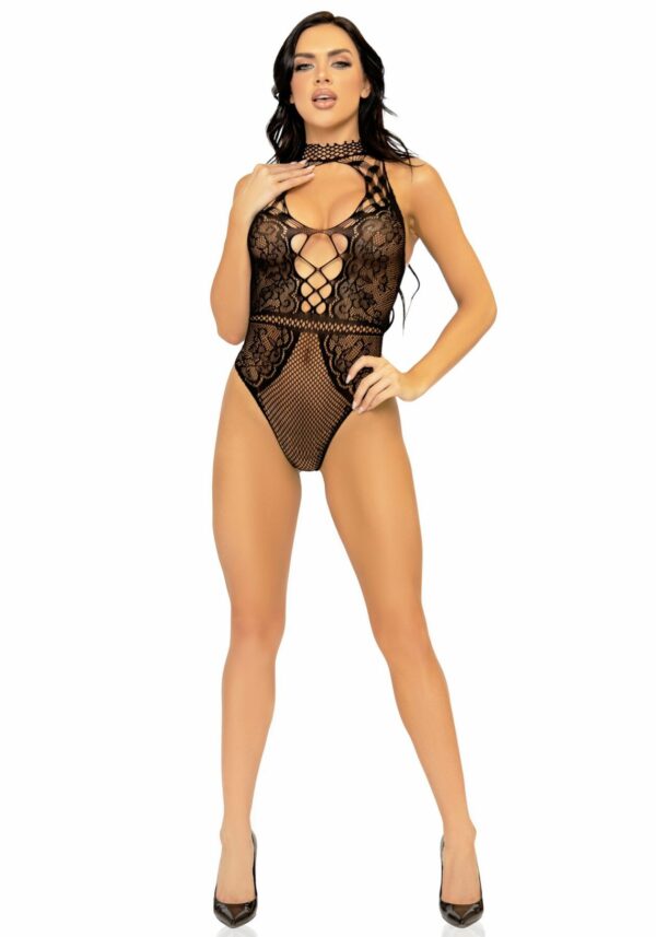 Leg Avenue Net and lace halter bodysuit OS Black - Зображення 9