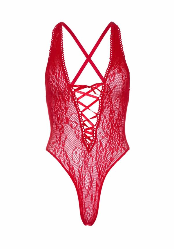 Мереживне боді Leg Avenue Floral lace thong teddy Red, шнурівка на грудях, one size - Зображення 4