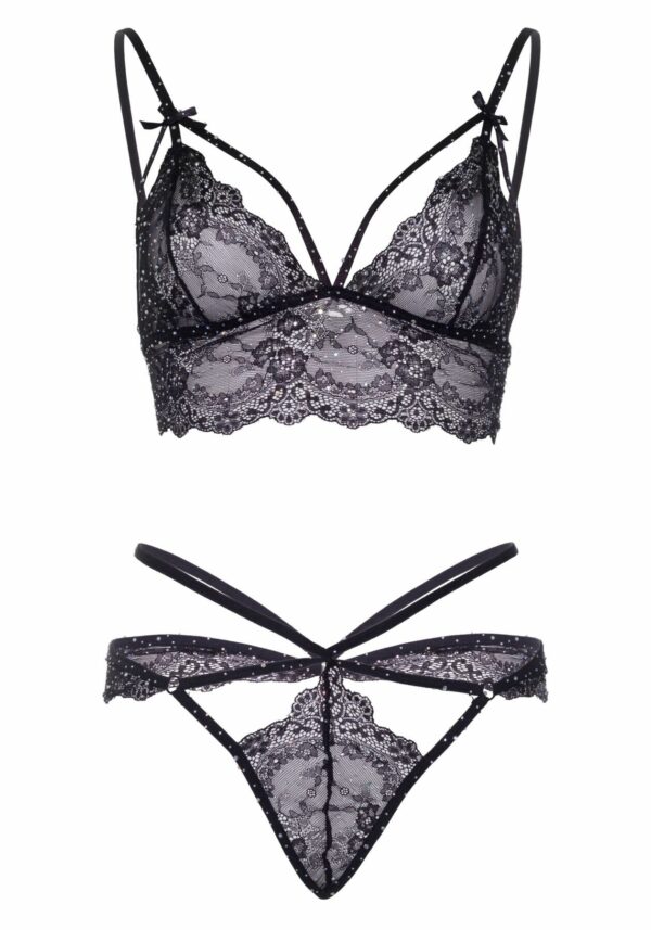 Еротичний комплект зі стрепами та стразами Leg Avenue Ready Or Not M Black, бра + стрінги - Зображення 5