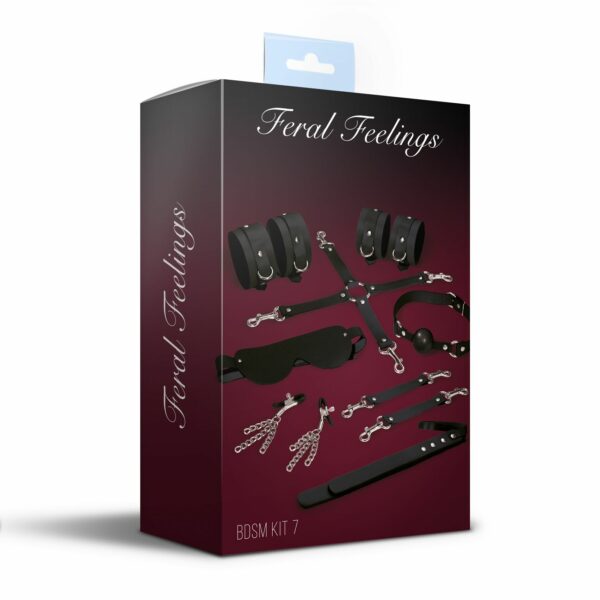 Набір Feral Feelings BDSM Kit 7 Black, наручники, поножі, конектор, маска, падл, кляп, затискачі - Зображення 2