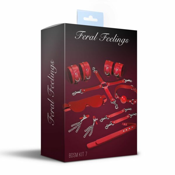 Набір Feral Feelings BDSM Kit 7 Red, наручники, поножі, конектор, маска, падл, кляп, затискачі - Зображення 2