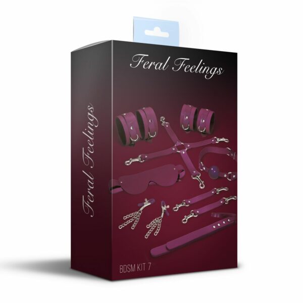 Набір Feral Feelings BDSM Kit 7 Burgundy, наручники, поножі, конектор, маска, падл, кляп, затискачі - Зображення 2