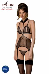 Корсет з відкритими грудьми Passion DOMINICA CORSET S/M black, пажі для панчіх, стрінги
