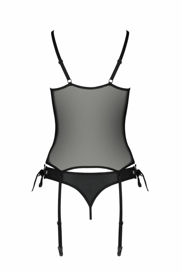 Корсет зі шнурівкою Passion NESSY CORSET S/M black, стрінги з відкритим доступом, пажі для панчіх - Зображення 4