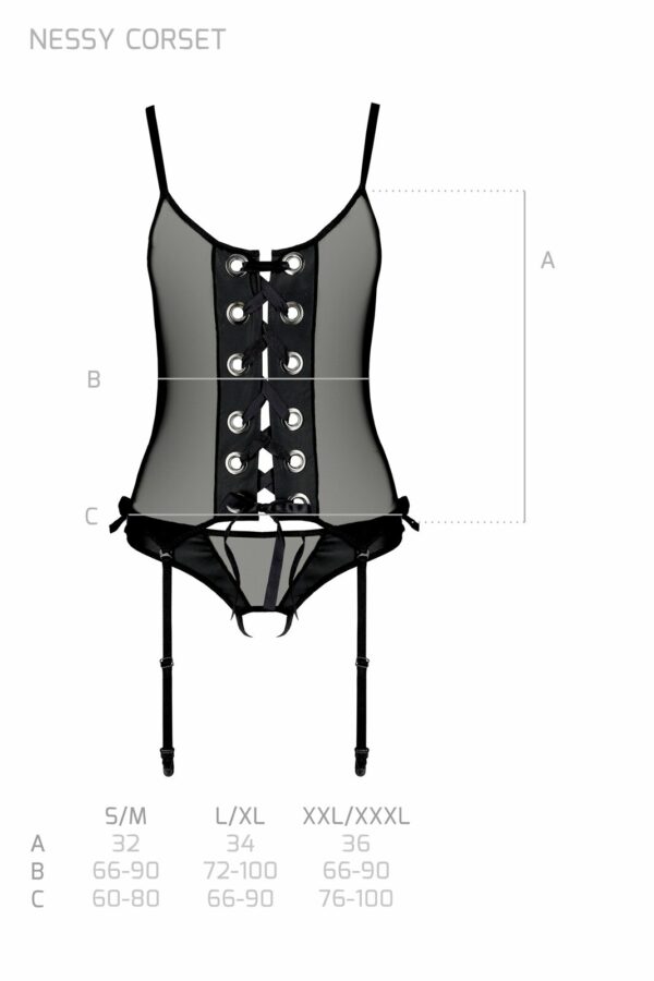 Корсет зі шнурівкою Passion NESSY CORSET S/M black, стрінги з відкритим доступом, пажі для панчіх - Зображення 7