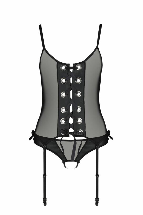 Корсет зі шнурівкою Passion NESSY CORSET S/M black, стрінги з відкритим доступом, пажі для панчіх - Зображення 3