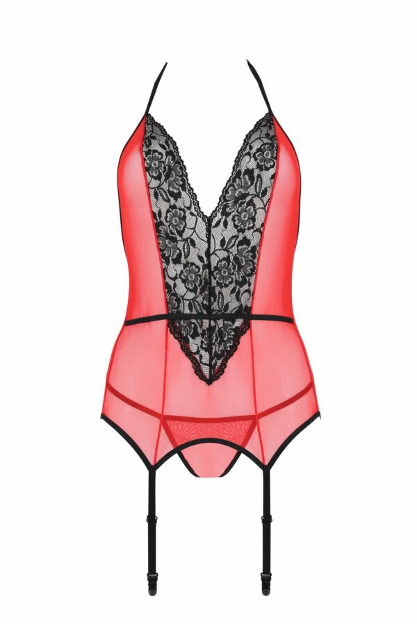 Корсет з пажами для панчіх Passion PEONIA CORSET S/M red, стрінги - Зображення 3