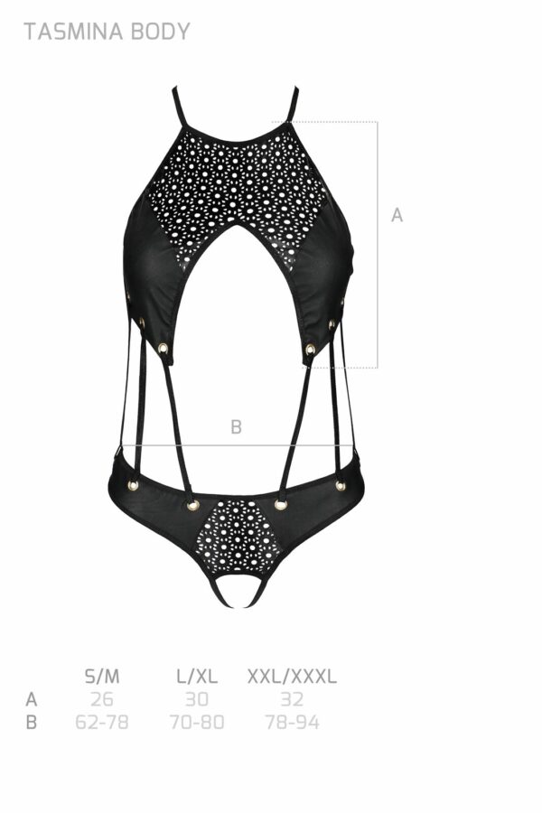 Боді з відкритим доступом Passion TASMINA BODY XXL/XXXL, black, екошкіра, шнурівки, ажурні мережива - Зображення 7