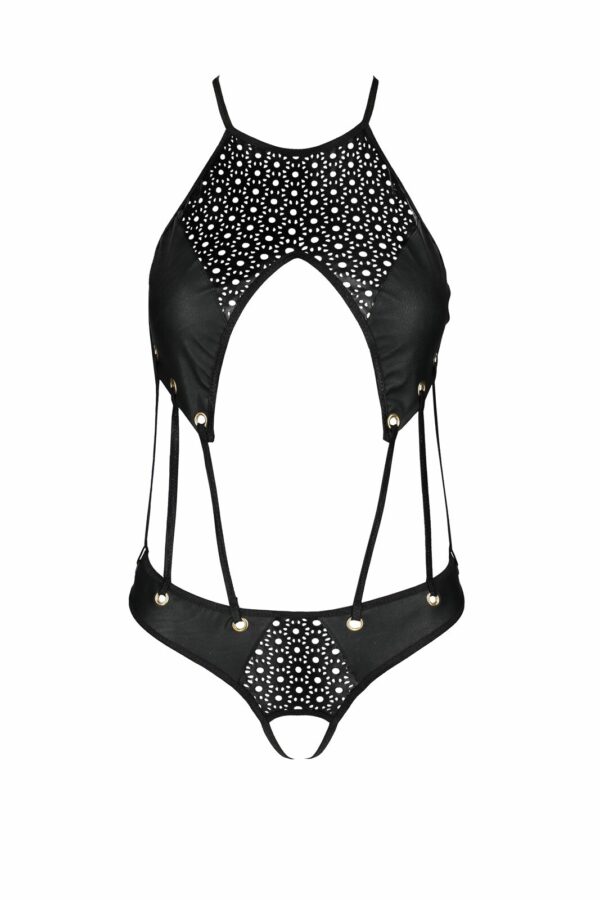 Боді з відкритим доступом Passion TASMINA BODY XXL/XXXL, black, екошкіра, шнурівки, ажурні мережива - Зображення 3