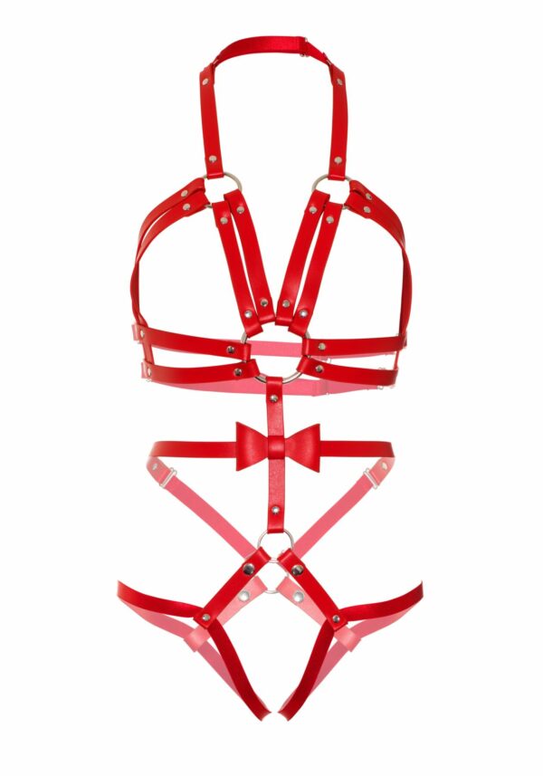 Портупея-тедді з ременів Leg Avenue Studded O-ring harness teddy M Red, екошкіра - Зображення 5