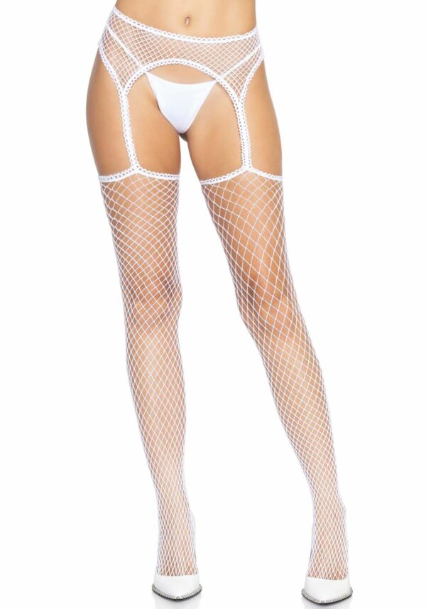 Панчохи-сітка Leg Avenue Net stockings with garter belt One size White, пояс, підв’язки